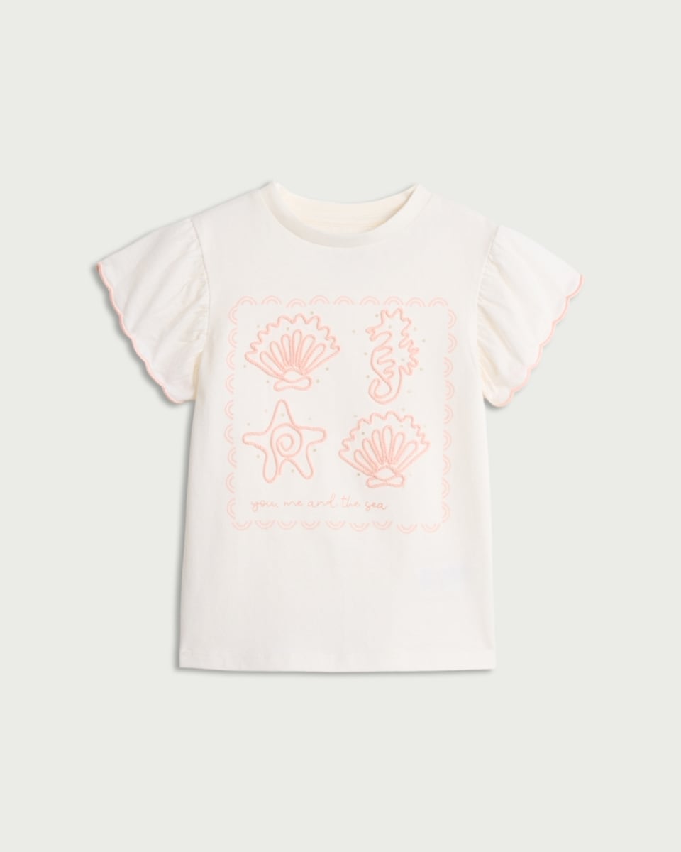 image 1 of F&F Girls Pure Cotton Sea Embroidered T-Shirt in White