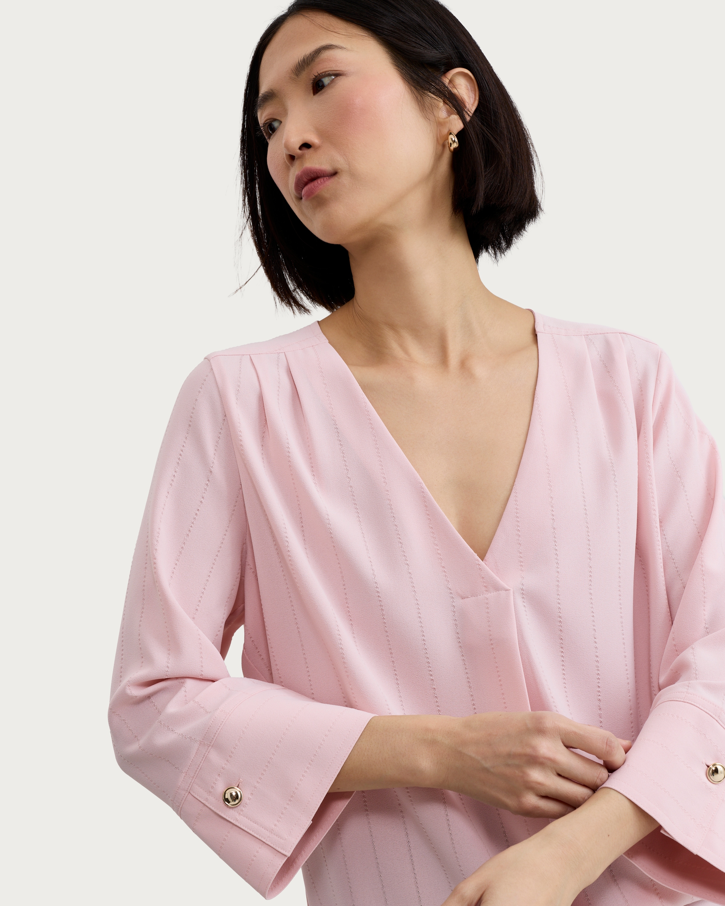 F&F V Neck Button Cuff Blouse in Pink