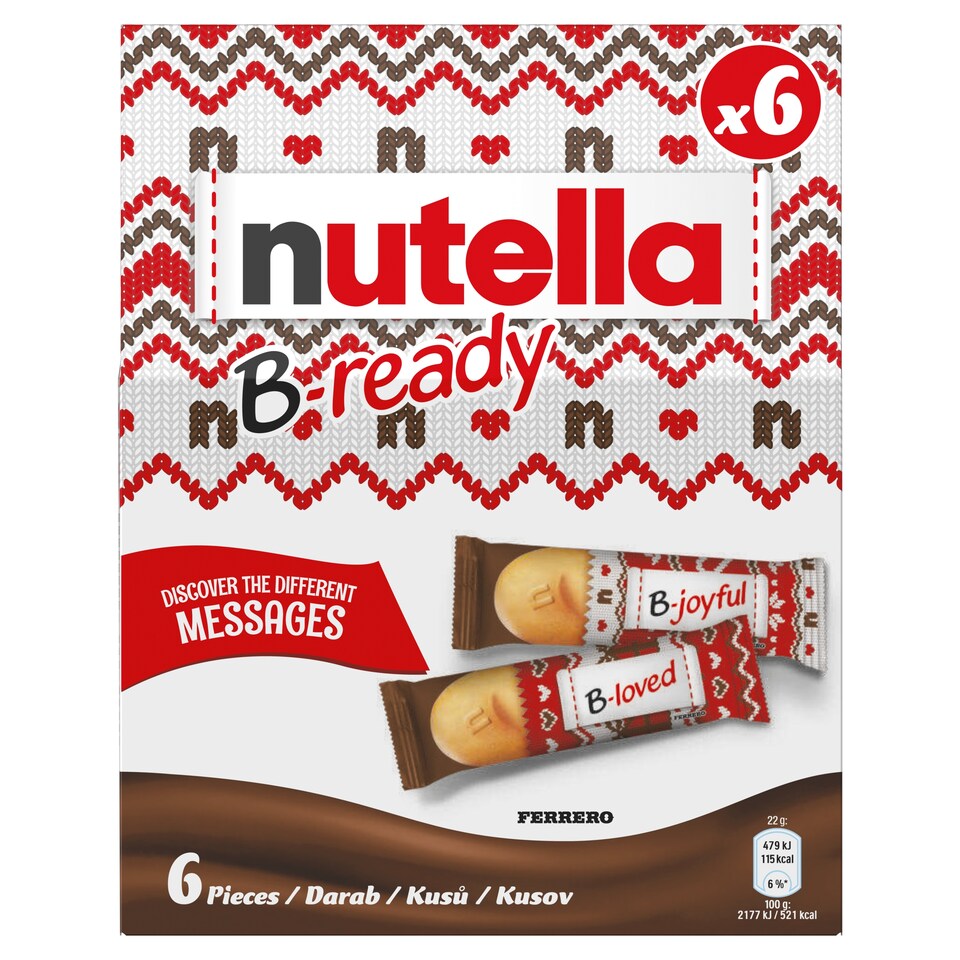 Obrázek 1 pro produkt Nutella B-ready Křupavá oplatka plněná lískooříškovou pomazánkou s kakaem a křupkami 6 x 22g