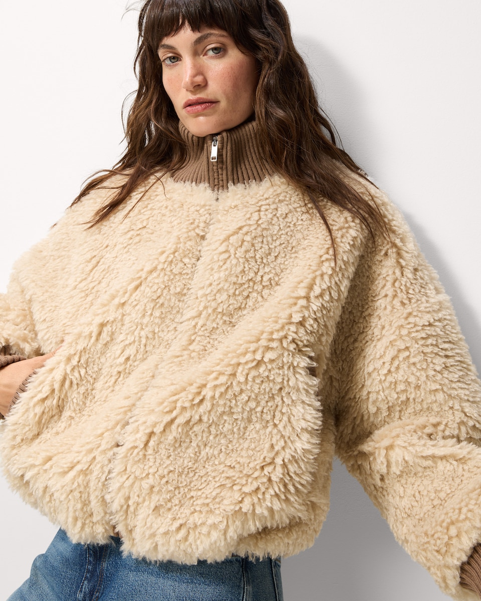 image 1 of F&F Borg High Neck Jacket in Neutral