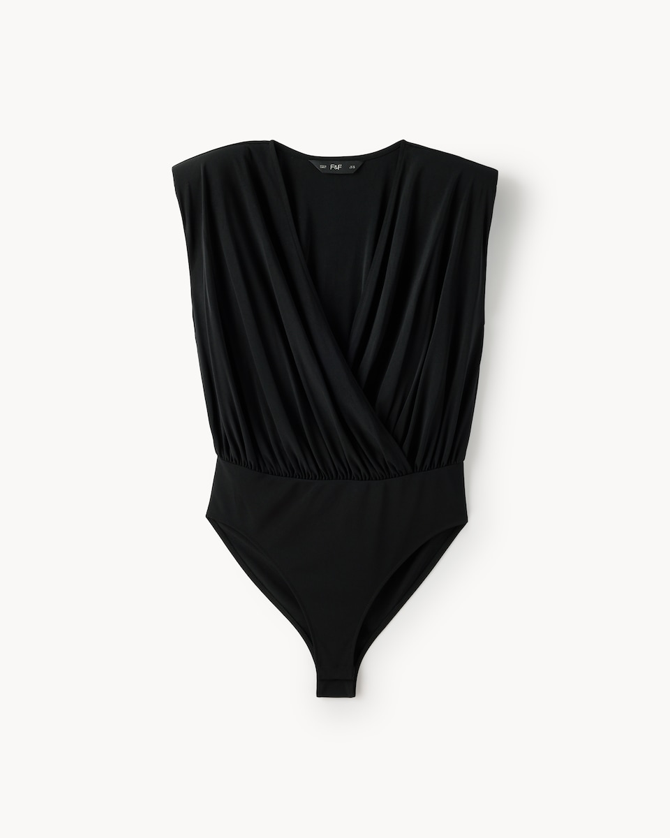 image 1 of F&F Mesh Draped Shoulder Pad Bodysuit in Black
