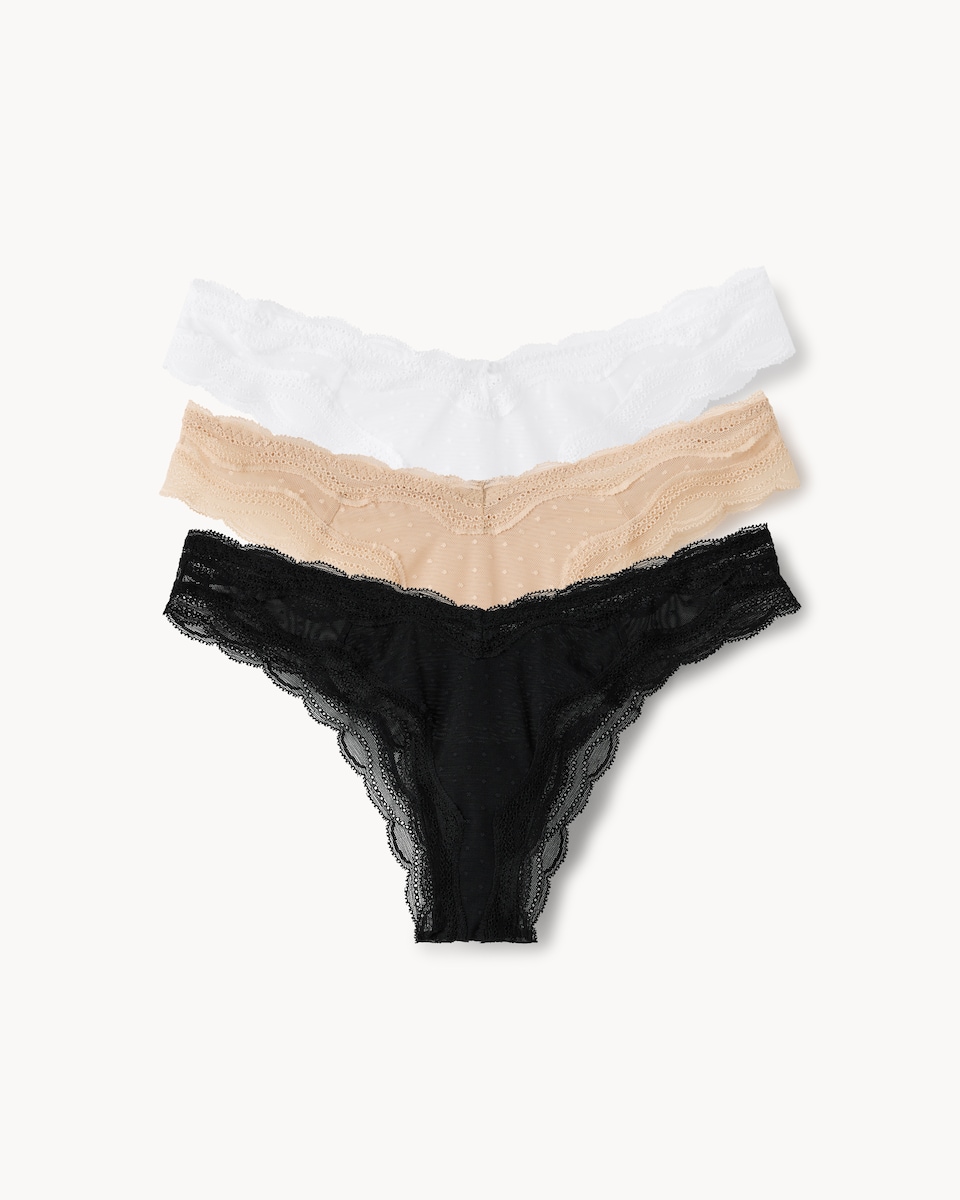 image 1 of F&F 3-Pack Mesh Lace Trim Thongs in Multi