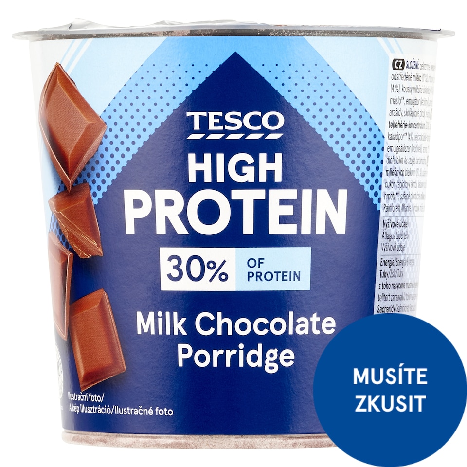 Tesco High Protein instantní kakaová ovesná kaše s kousky mléčné čokolády 65g