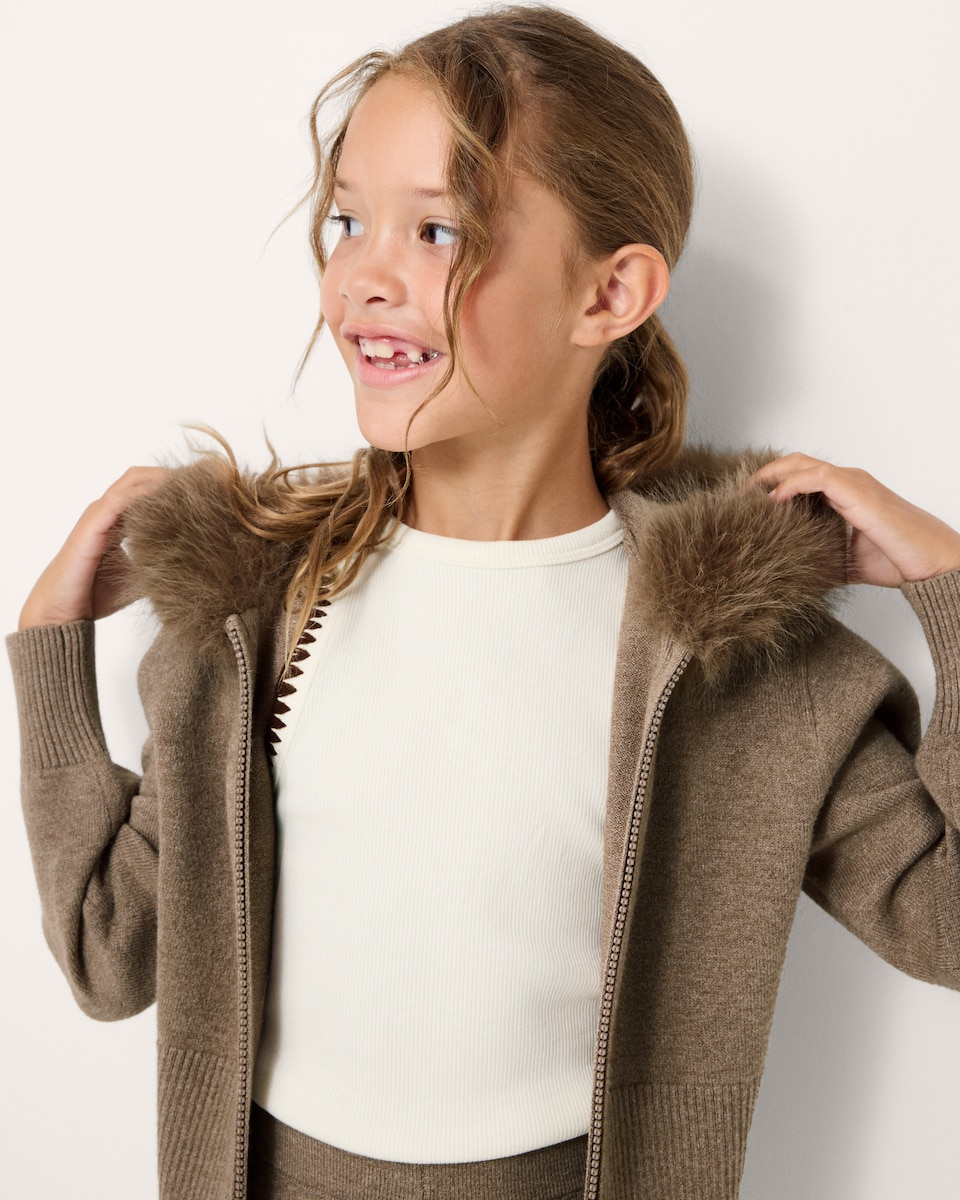 image 1 of F&F Girls Faux Fur Trim Zip-Up Cardigan and Trousers Set in Tan