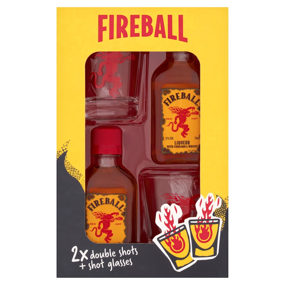 Fireball Cinnamon Whiskey Liqueur 2 x 5cl with Shot Glasses