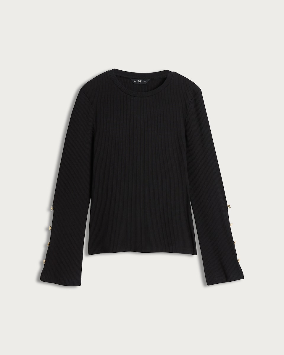 image 1 of F&F Ribbed Long Sleeved Button Accent Top in Black