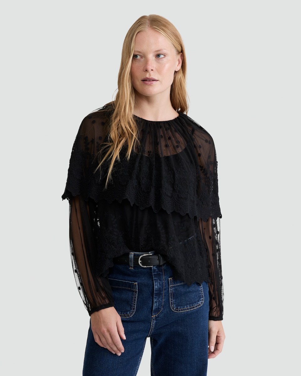 image 1 of The F&F Edit Embroidered Sheer Long Sleeved Blouse in Black