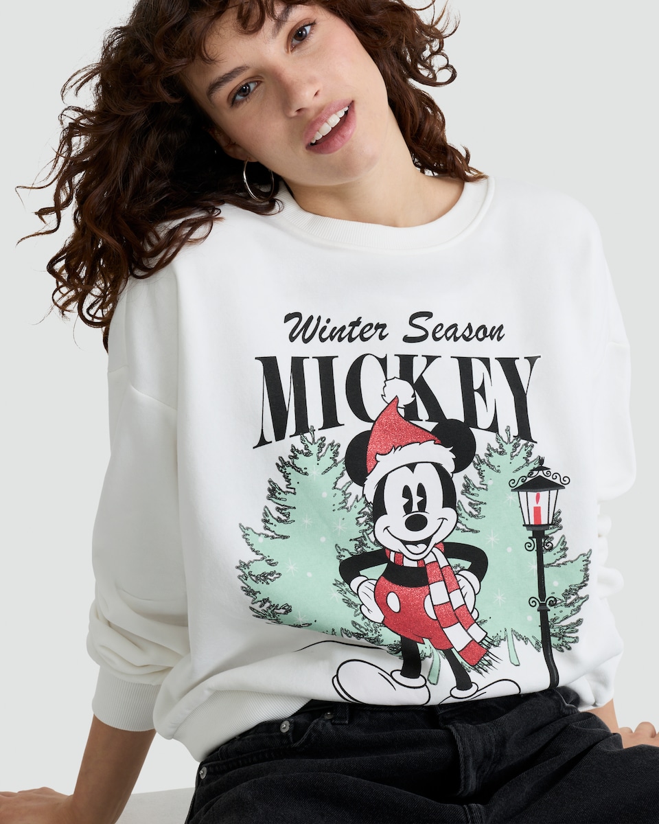 image 1 of Disney Mickey Mouse Winter Season Slogan Cotton Rich Sweatshirt in Cream
