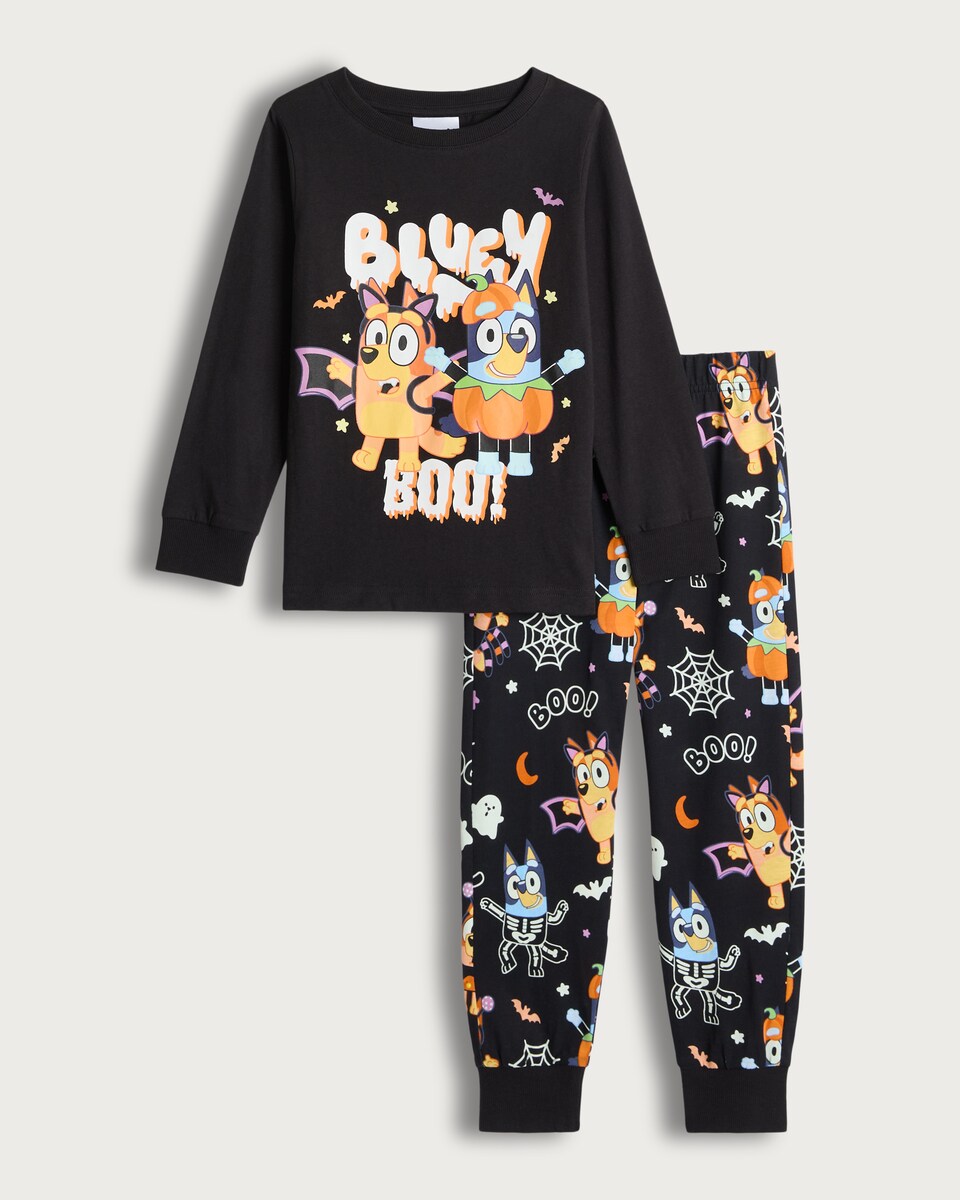 image 1 of Bluey Glow in the Dark Halloween Print Pyjama Set in Multi