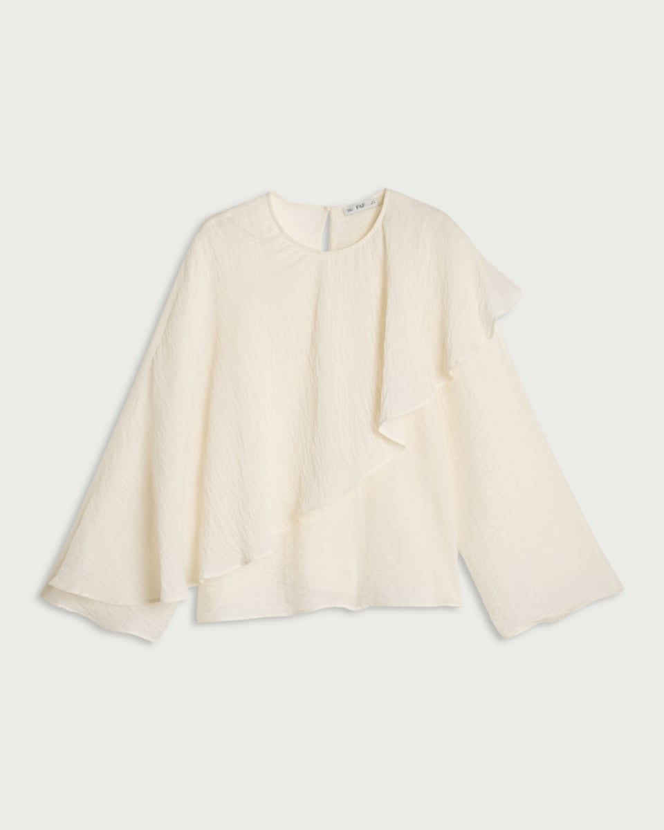 image 1 of F&F Lyocell Rich Textured Ruffle Cape Blouse in Cream