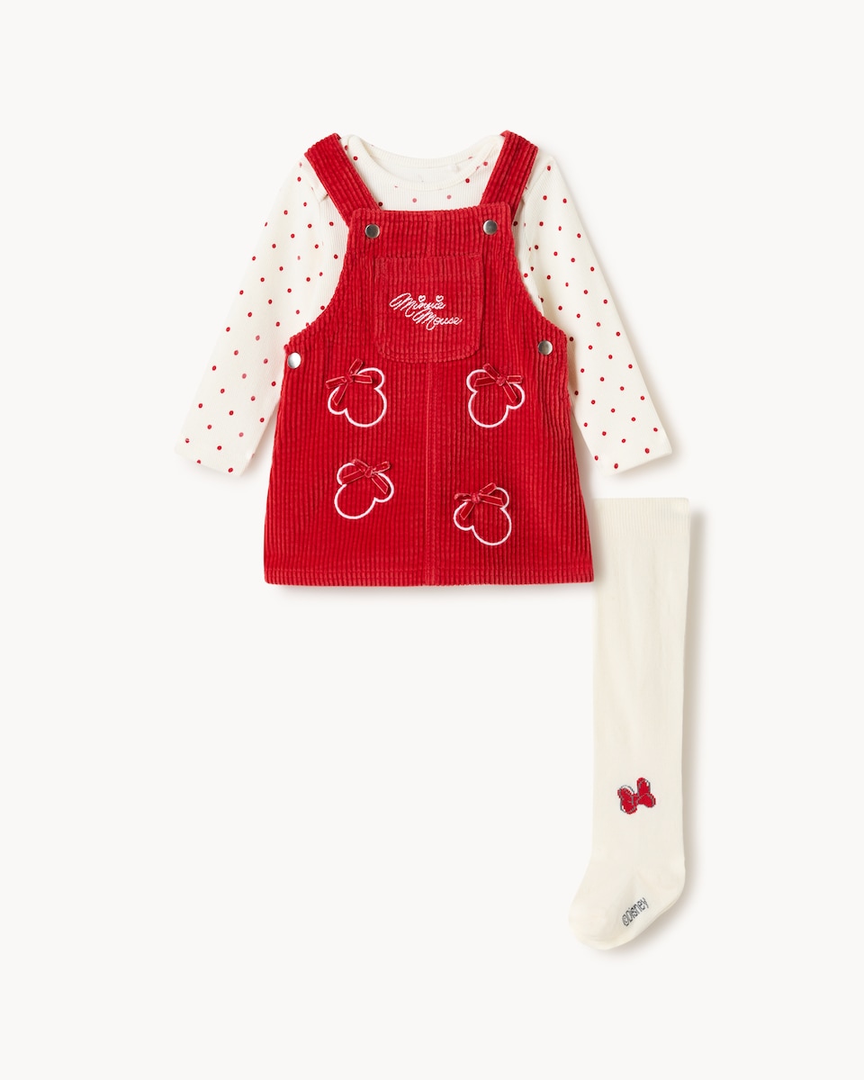 image 1 of Disney Minnie Mouse Corduroy Pinafore, Bodysuit and Tights Set in Red