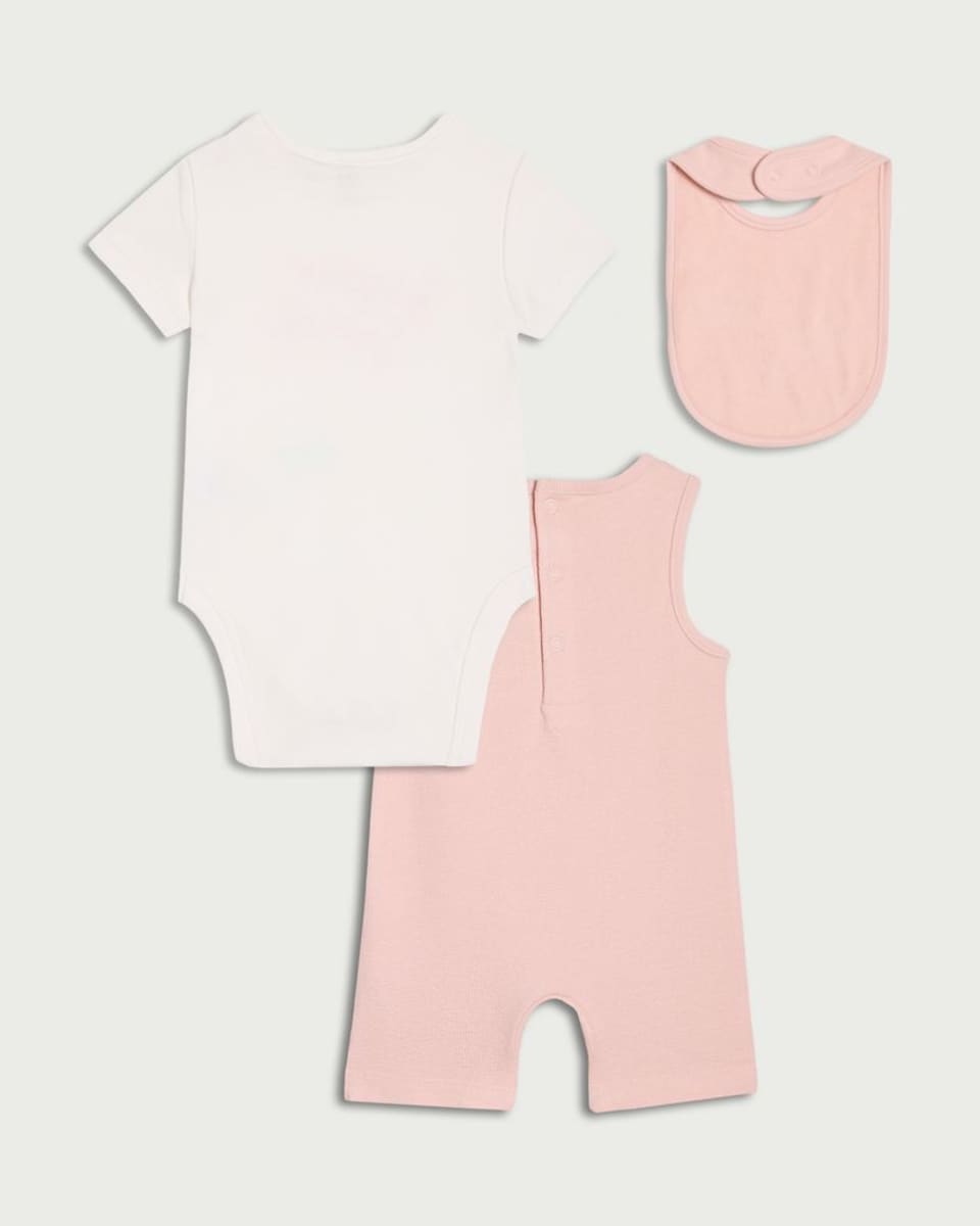 image 1 of F&F 3-Piece Super Sweet Bodysuit, Romper and Bib Set in Pink