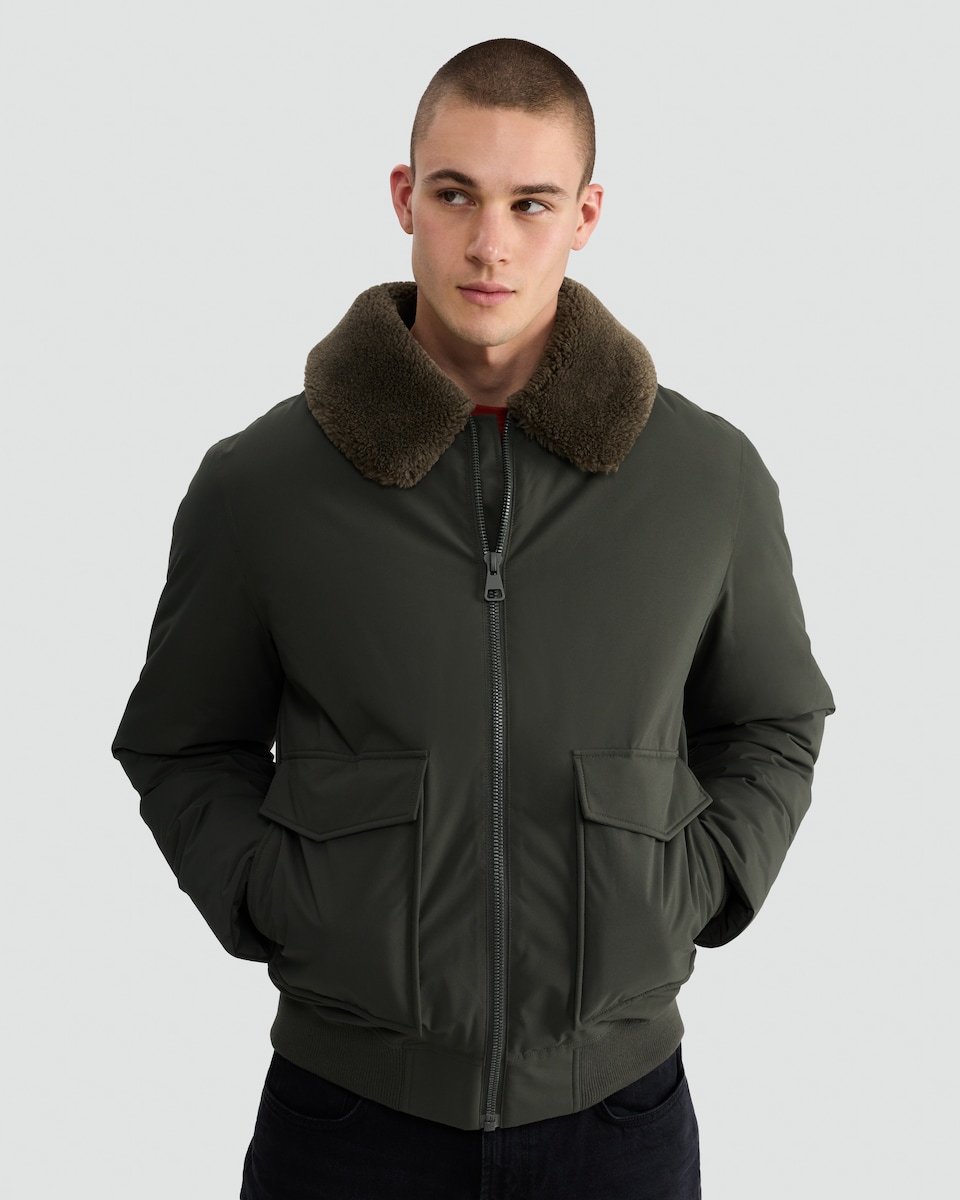 image 1 of F&F Faux Shearling Collar Shower Resistant Bomber Jacket in Khaki