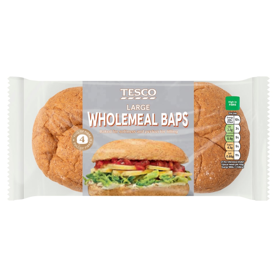 Tesco Large Wholemeal Baps 4 Pack
