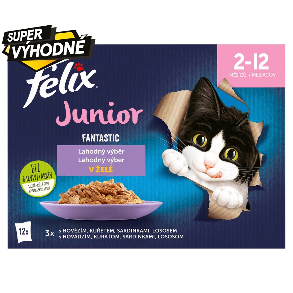 Obrázek 1 pro produkt Felix Fantastic Junior kapsičky pro koťata hovězí, kuře, sardinky, losos v želé 12 x 85g