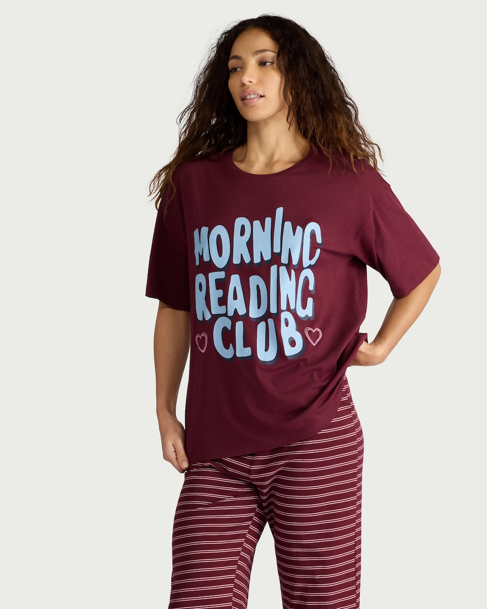 image 1 of F&F Pure Cotton Morning Reading Club Pyjama Top in Burgundy