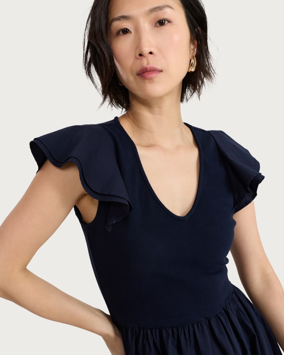 image 1 of F&F Cotton Rich V Neck Flutter Sleeve Midi Dress in Navy