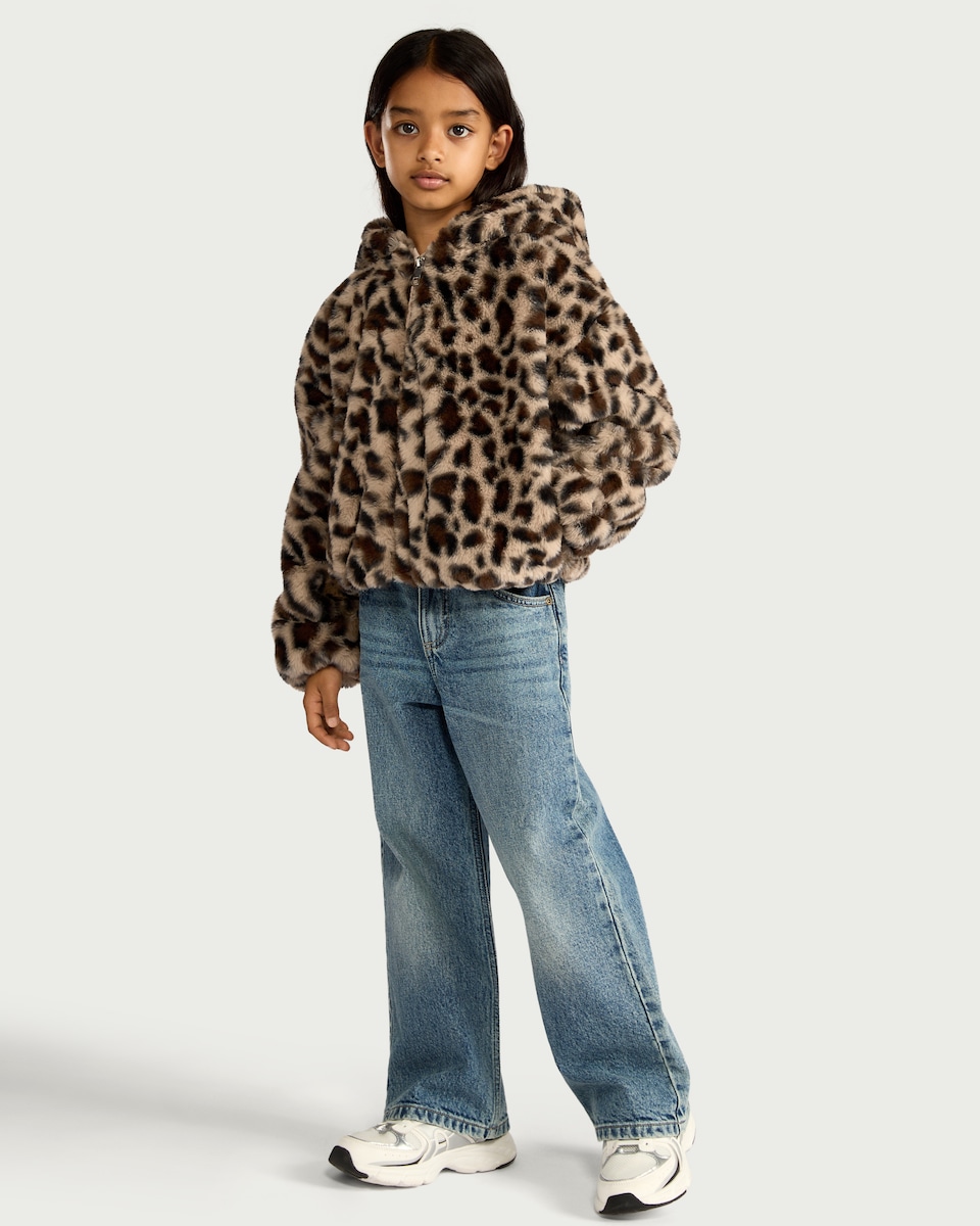 image 1 of F&F Girls Faux Fur Leopard Print Jacket in Multi Brown