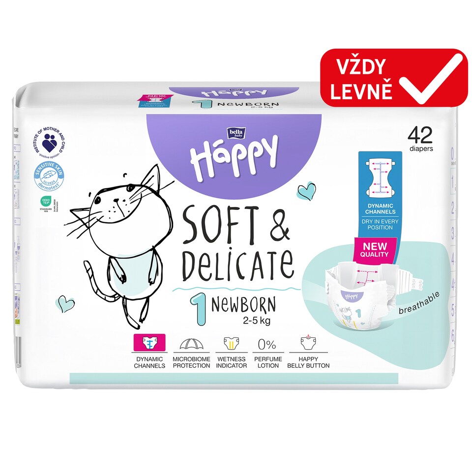 Bella Baby Happy dětské plenky s kanálky Soft & Delicate vel. 1 (2-5 kg), 42 ks