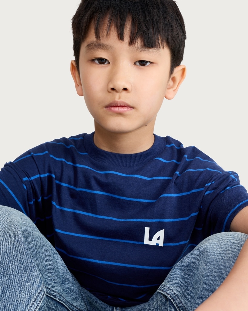 F&F Boys Pure Cotton Striped LA Slogan Oversized T-Shirt in Navy