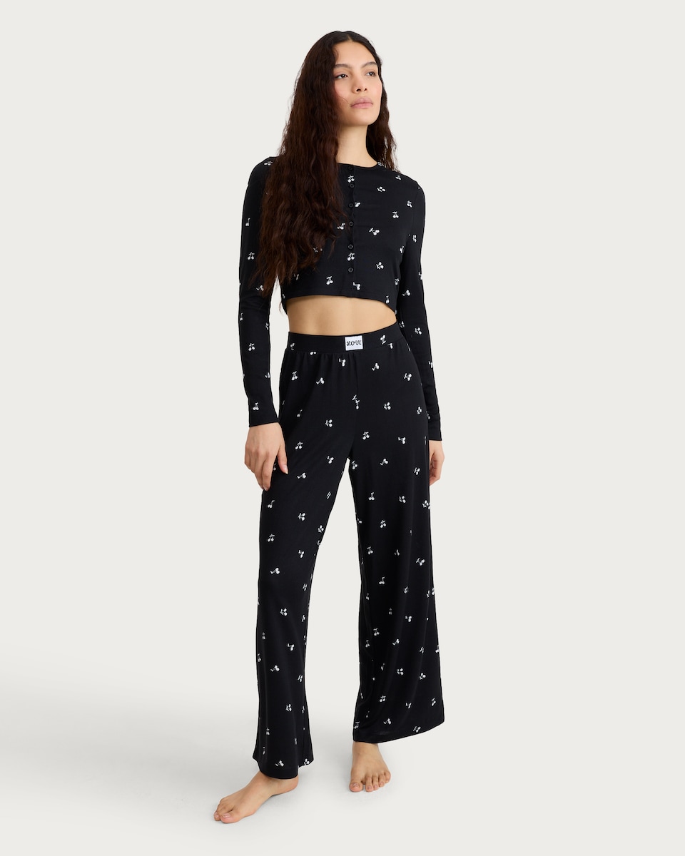 image 1 of F&F Snit Textured Cherry Print Button Top and Bottoms Pyjama Set in Multi Black