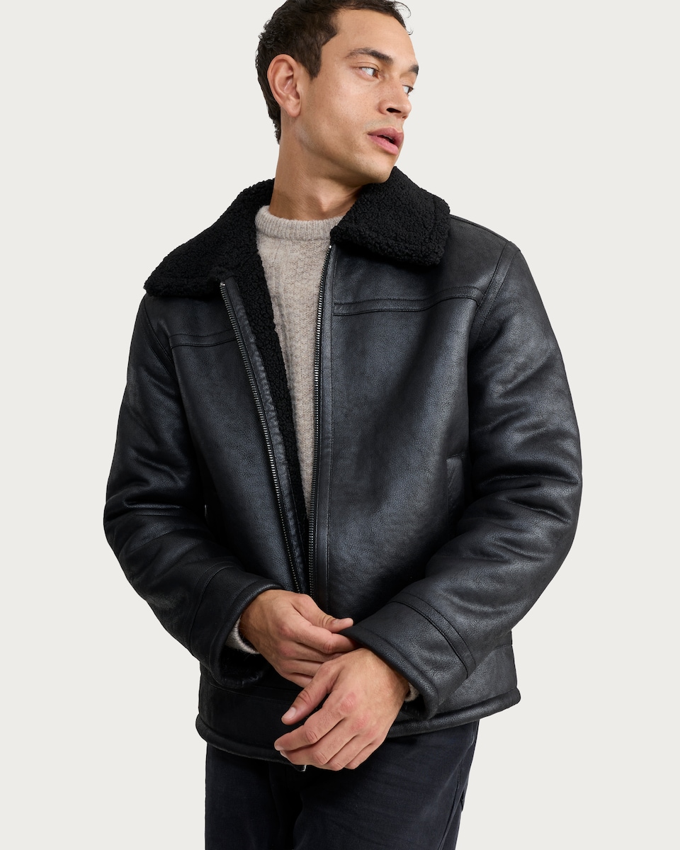 image 1 of The F&F Edit Faux Leather Shearling Collar Jacket in Black