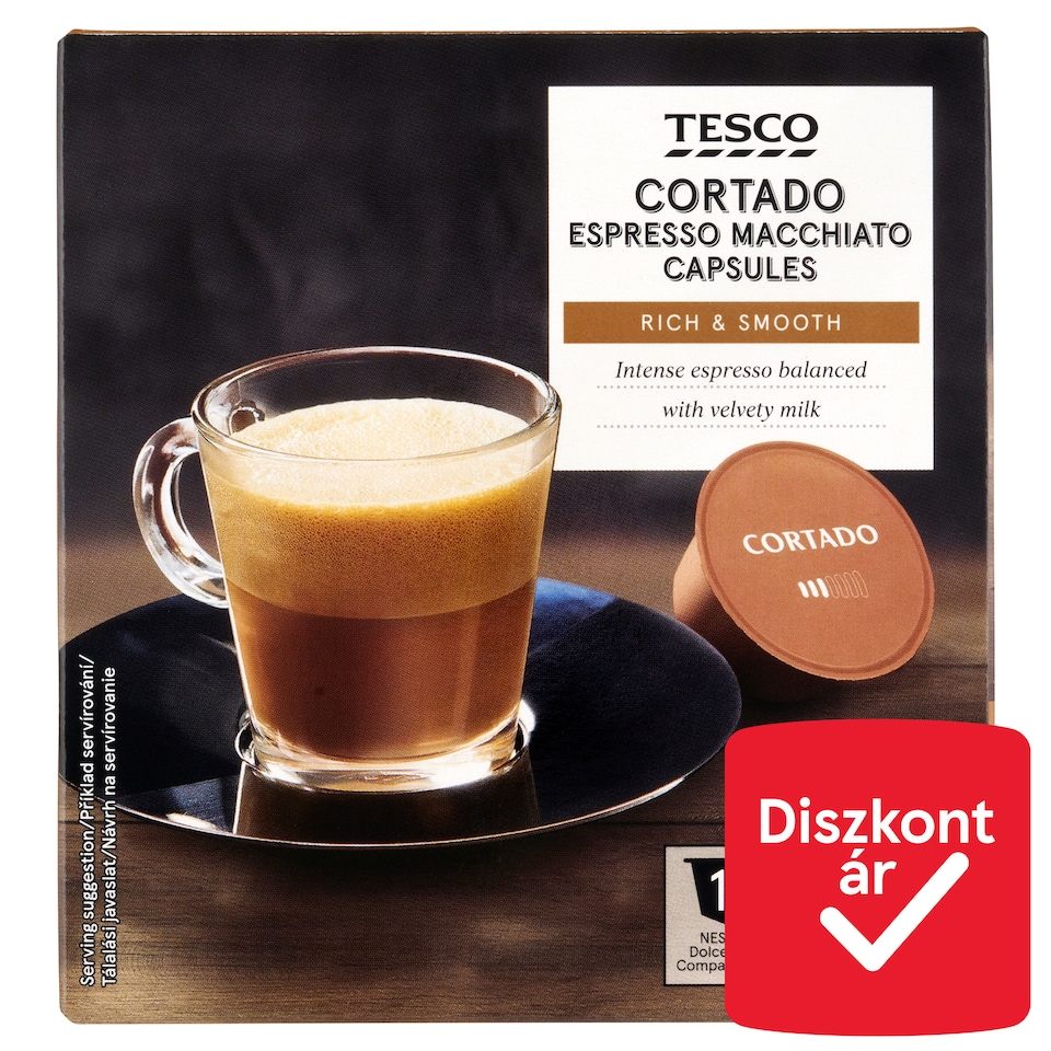 Tesco Cortado Espresso Macchiato tejpor és azonnal oldódó kávé kapszulákban 16 x 6,3 g (100,8 g)