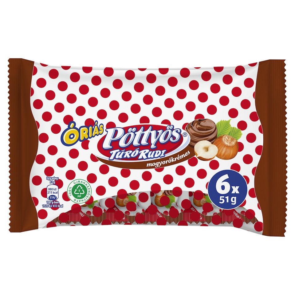 Pöttyös Óriás Túró Rudi Hazelnut Cottage Cheese Dessert 6 x 51 g (306 g)