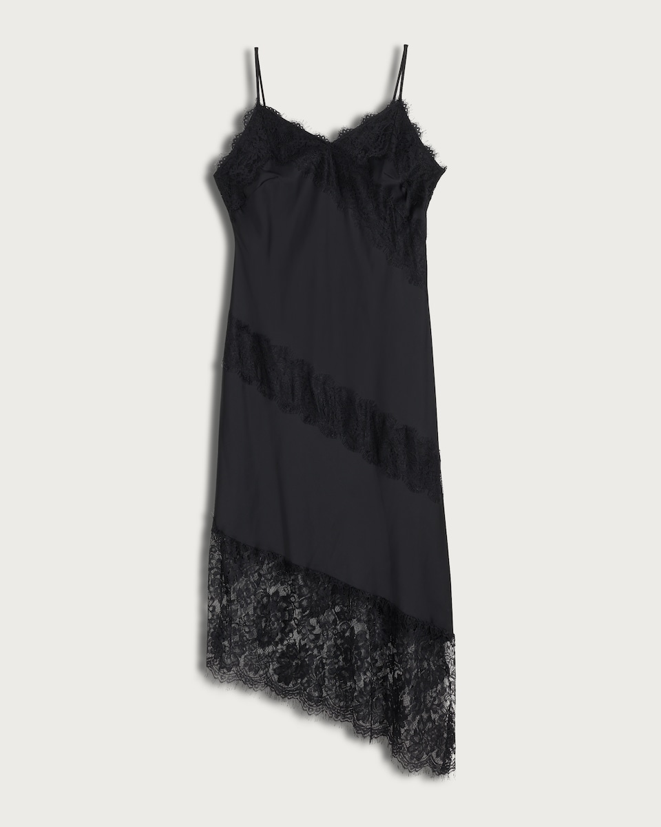 image 1 of F&F Satin Lace Trim Asymmetric Hem Midi Slip Dress in Black