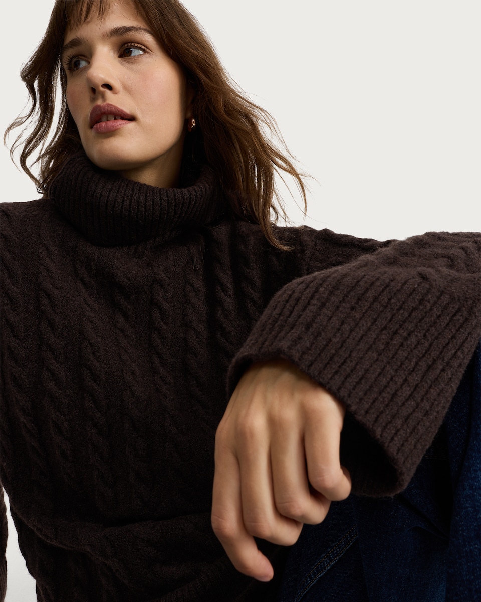 image 1 of F&F Cable Knit Roll Neck Jumper with Wool in Brown