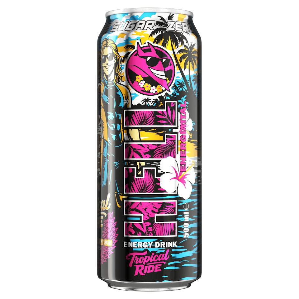 HELL Tropical Ride hibiszkusz- és mangosztánízű, koffeintartalmú, szénsavas energiaital 500 ml  1. kép