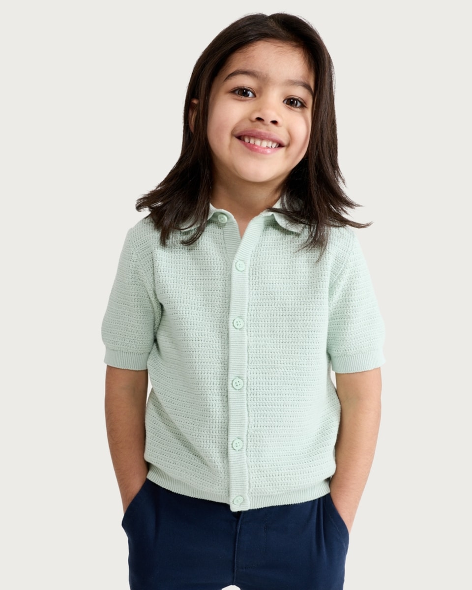 image 1 of F&F Boys Pure Cotton Textured Knit Polo Shirt in Green