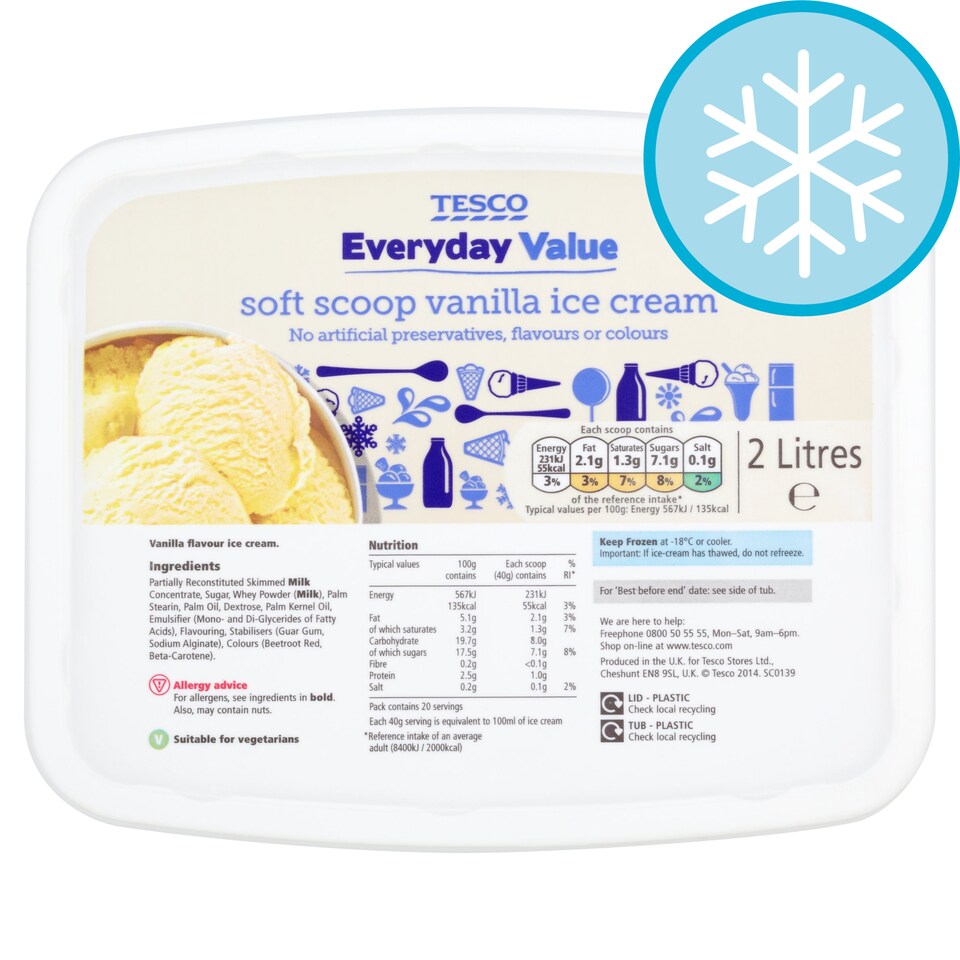 Tesco Every Day Value Soft Scoop Vanilla Ice Cream 2 Litre