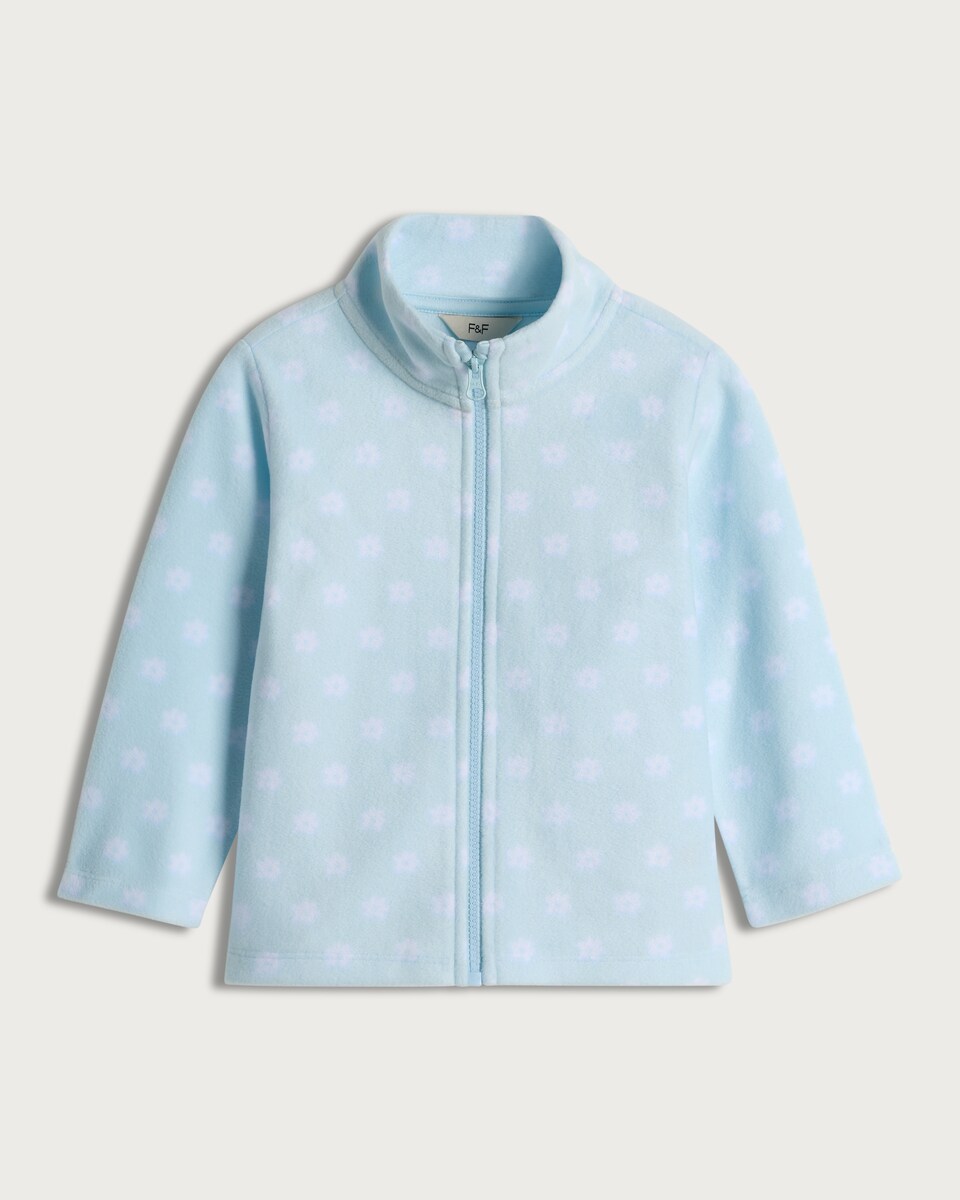 image 1 of F&F Girls Fleece Floral Print Zip Up Jacket in Blue