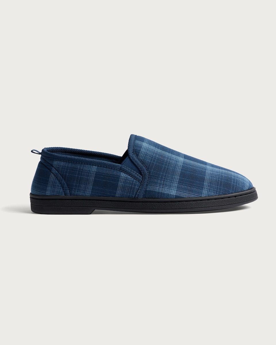 image 1 of F&F Check Print Closed Back Slippers in Navy