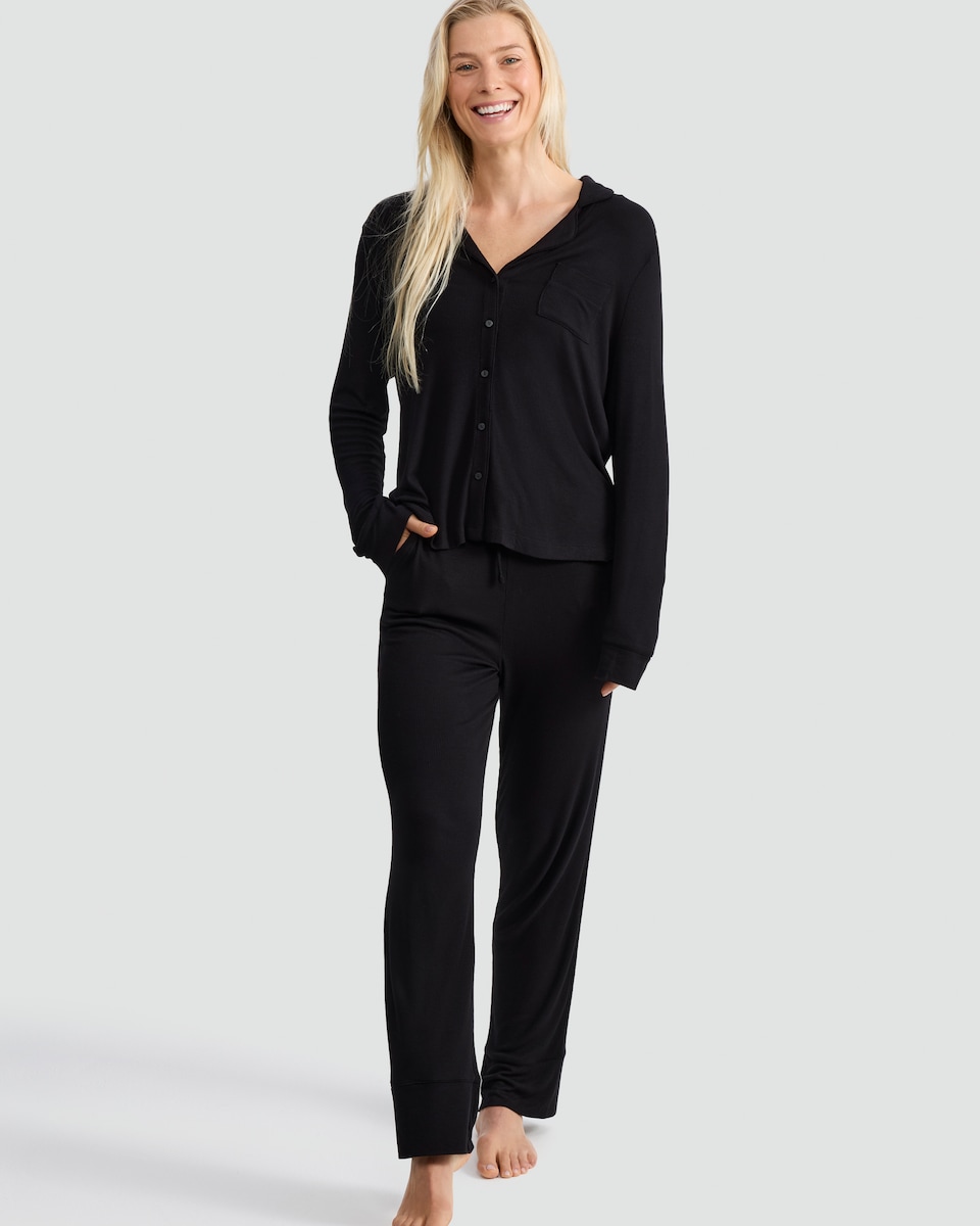 image 1 of F&F CoolEase™ Ribbed Button Up Shirt and Trousers Pyjamas in Black