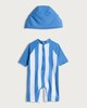 image 2 of F&F Boys 2-Piece Tomato Striped Sunsafe Swimsuit and Hat Set in Blue