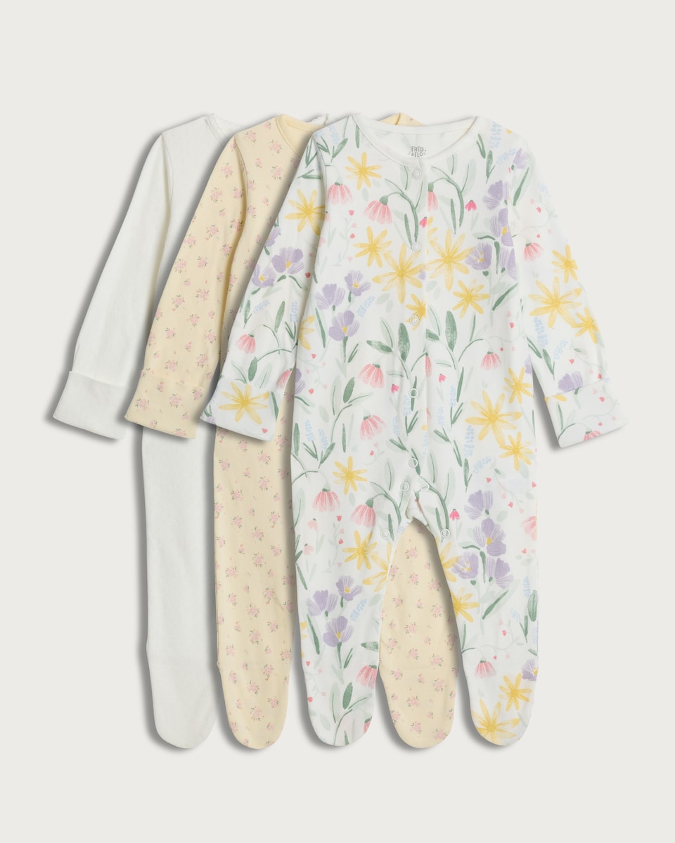 image 1 of F&F Baby 3-Pack Pure Cotton Floral Print Long Sleeved Sleepsuits in Yellow