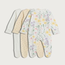F&F Baby 3-Pack Pure Cotton Floral Print Long Sleeved Sleepsuits in Yellow