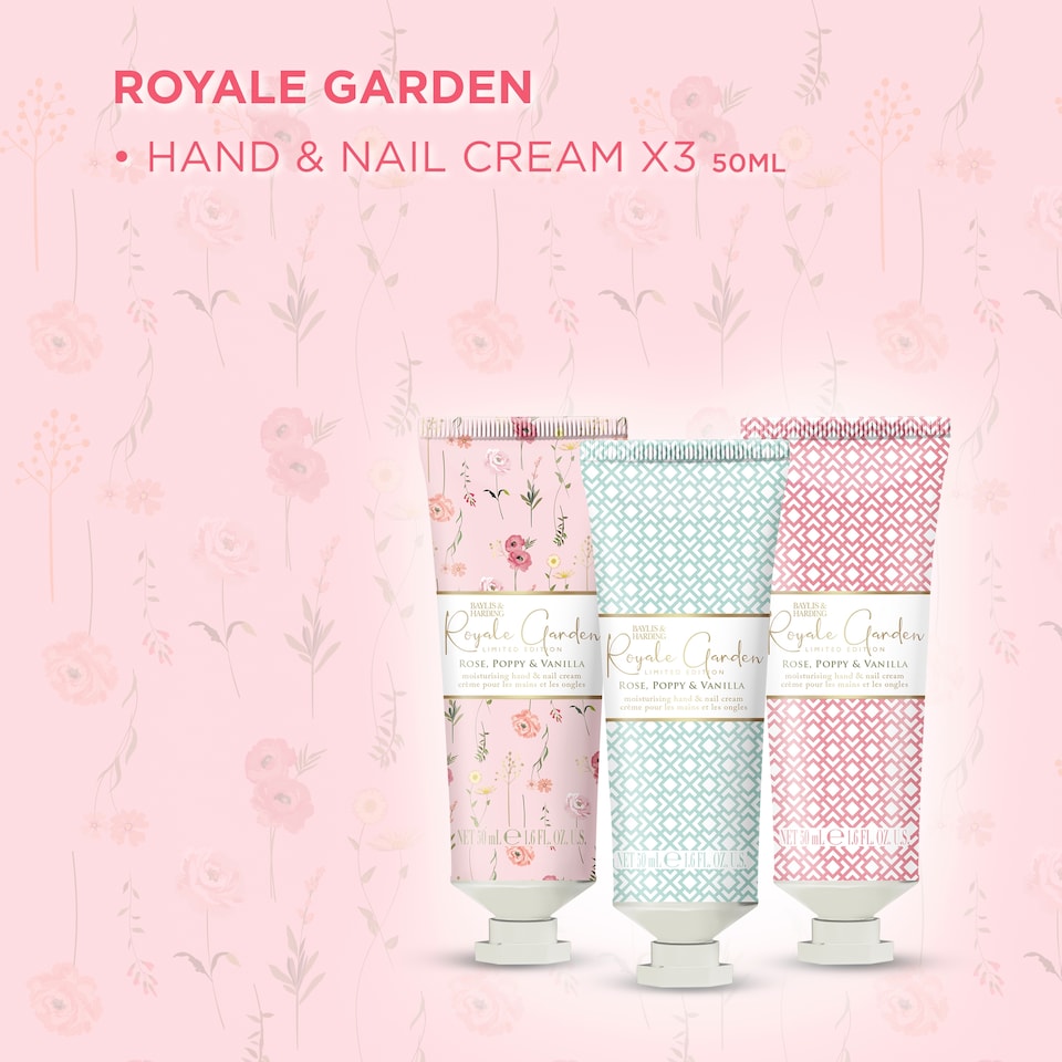image 1 of Baylis & Harding Royale Garden Rose, Poppy & Vanilla Luxury Hand Treats Gift Set 3x 50ml