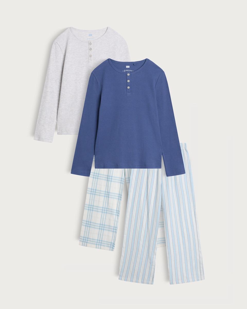 F&F Boys 2-Pack Cotton Rich Henley Pyjama Sets in Blue