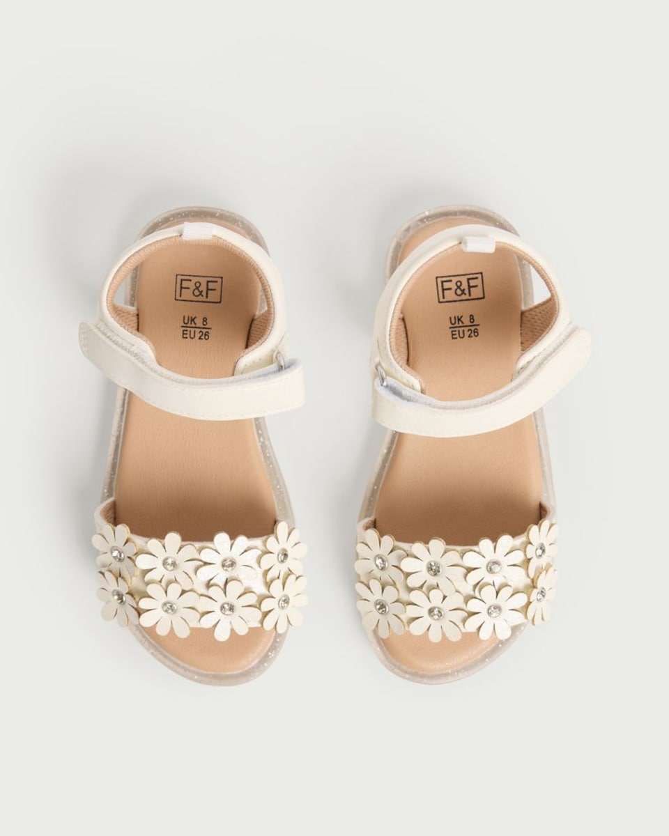 image 1 of F&F Girls Floral Embellished Strap Sandals in White