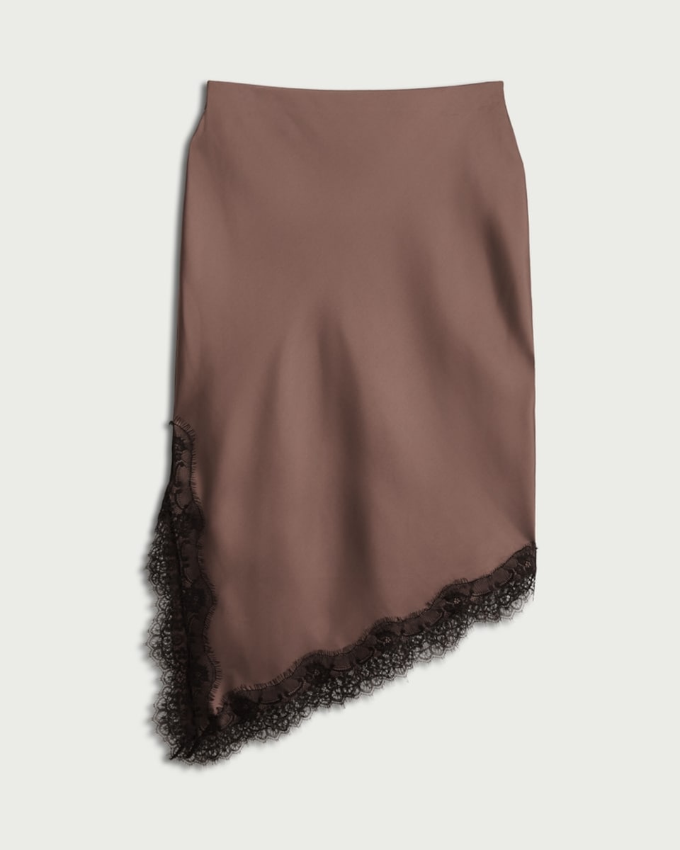 image 1 of F&F Satin Lace Trim Asymmetric Co-ord Skirt in Brown