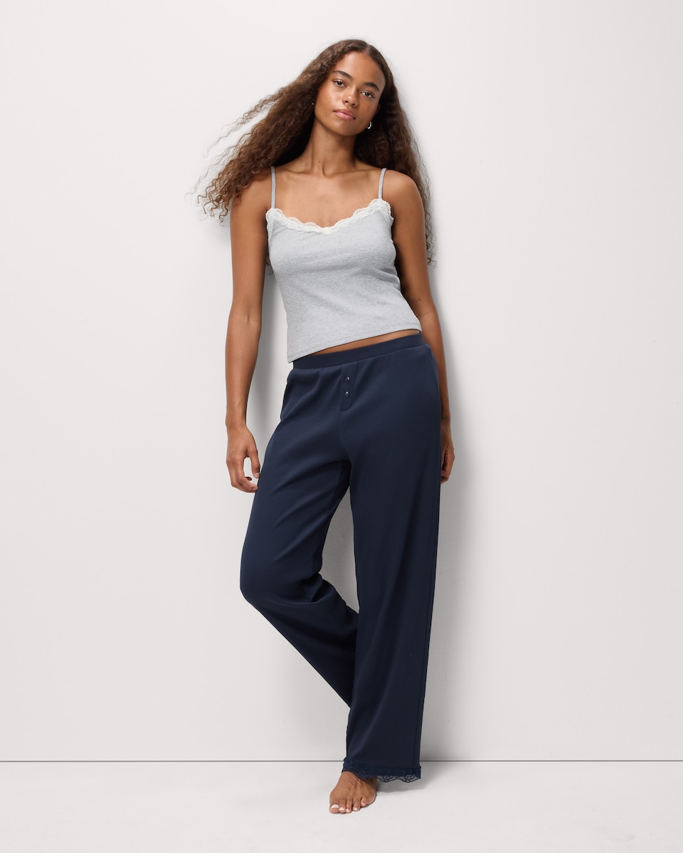 image 1 of OH ME OH MY Cotton Rich Lace Trim Pyjama Bottoms in Navy