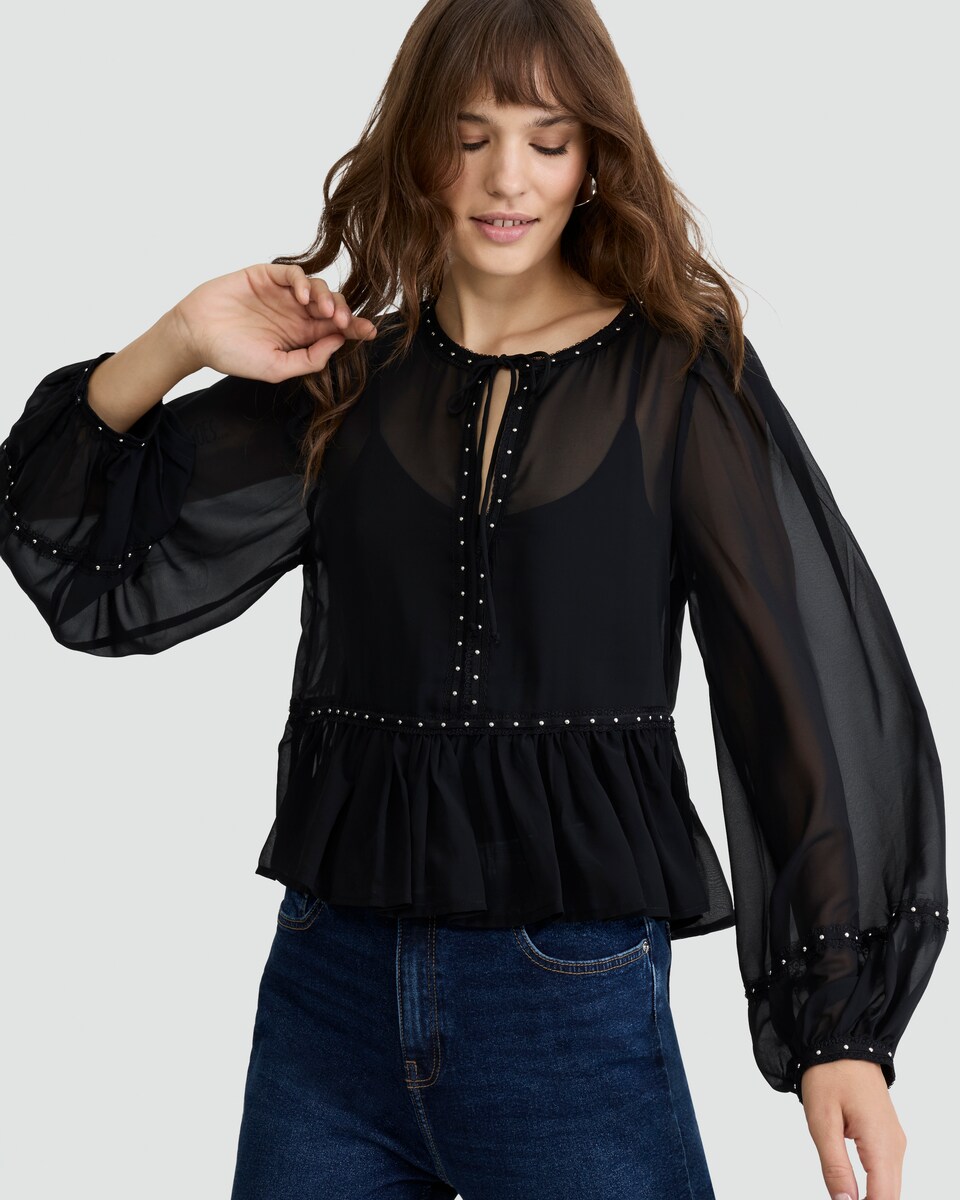 image 1 of F&F Chiffon Studded Peplum Blouse in Black