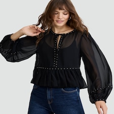 F&F Chiffon Studded Peplum Blouse in Black