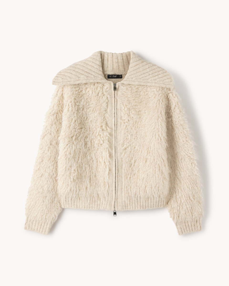 image 1 of F&F Shaggy Textured Zip Up Cardigan in Cream