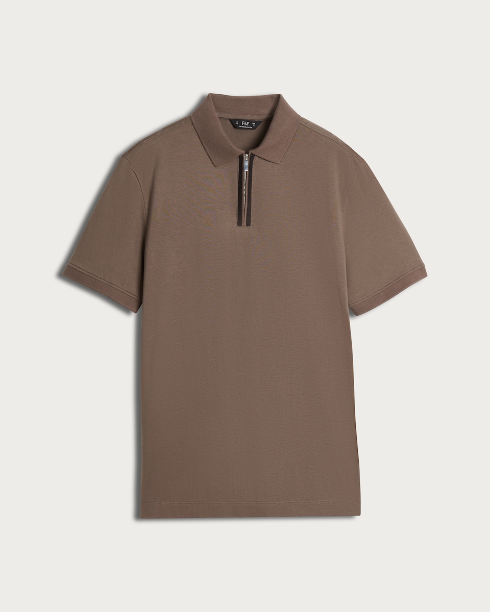 image 1 of F&F Pure Cotton Zip Neck Short Sleeved Polo Shirt in Brown