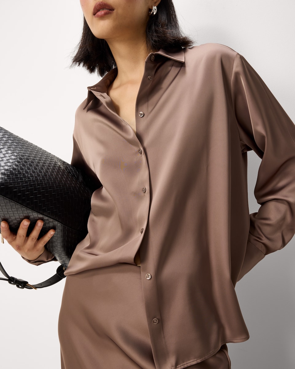 image 1 of F&F Satin Collared Oversized Co-ord Shirt in Mink