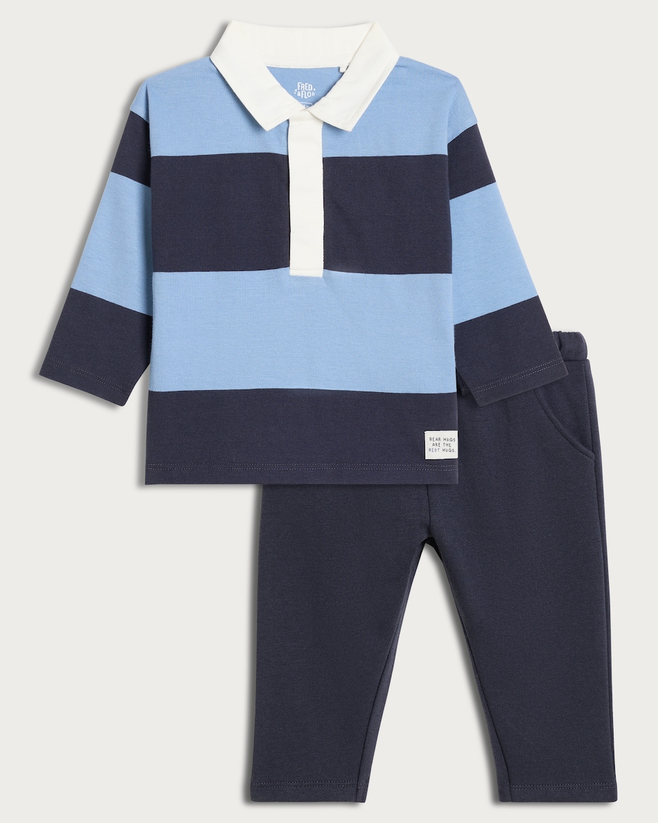 image 1 of F&F Baby 2-Piece Pure Cotton Rugby Shirt and Joggers Set in Blue